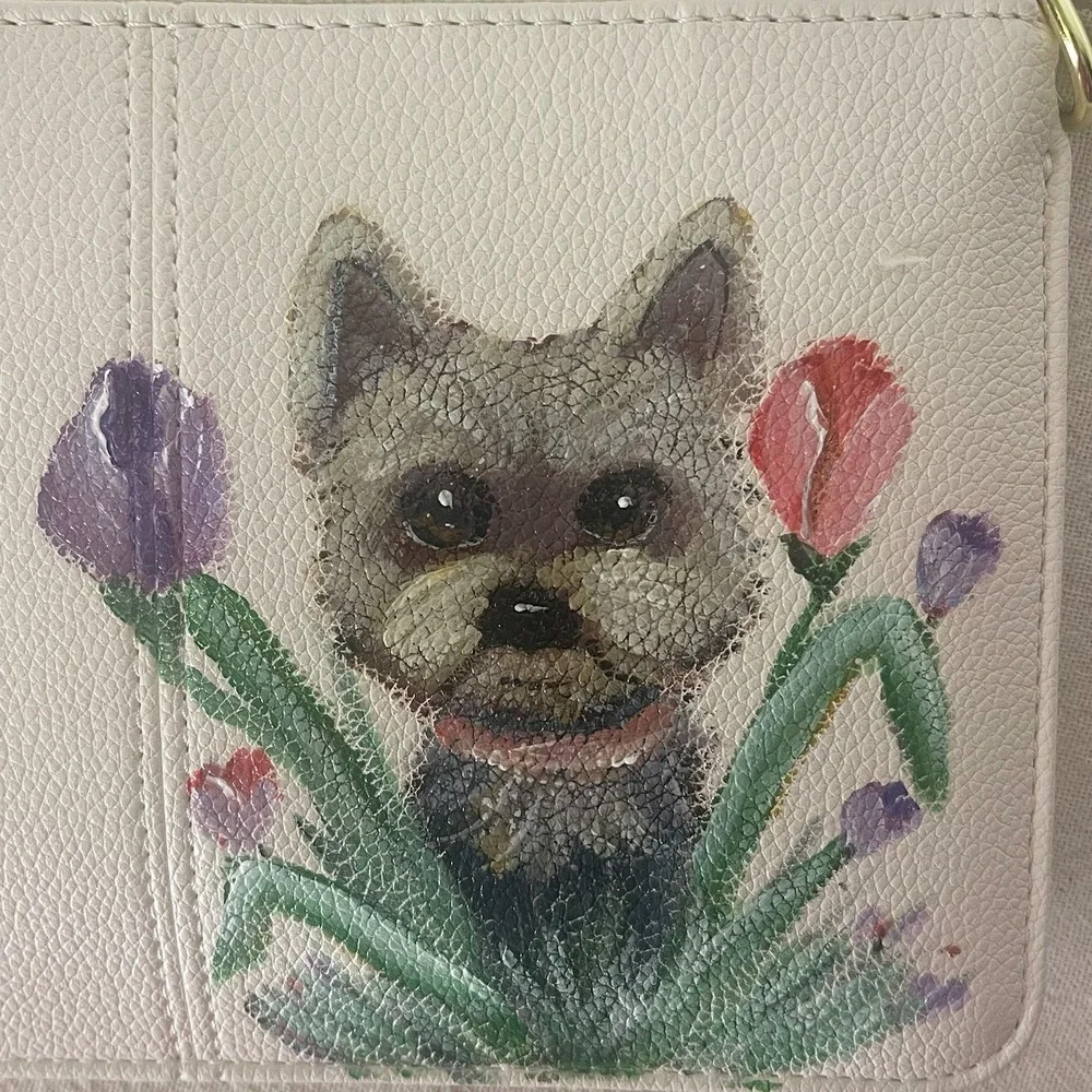 Hand Painted Yorkie Wristlet‎ Crossbody Bag Floral Off White Dog Zip Wallet